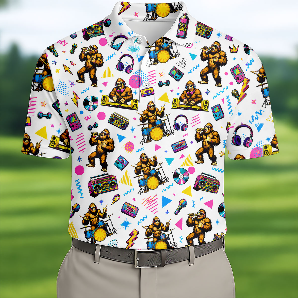 Bigfoot Party Memphis Pattern Retro Golf Shirt, Hawaiian Golf Shirt, Polo Shirtor Men
