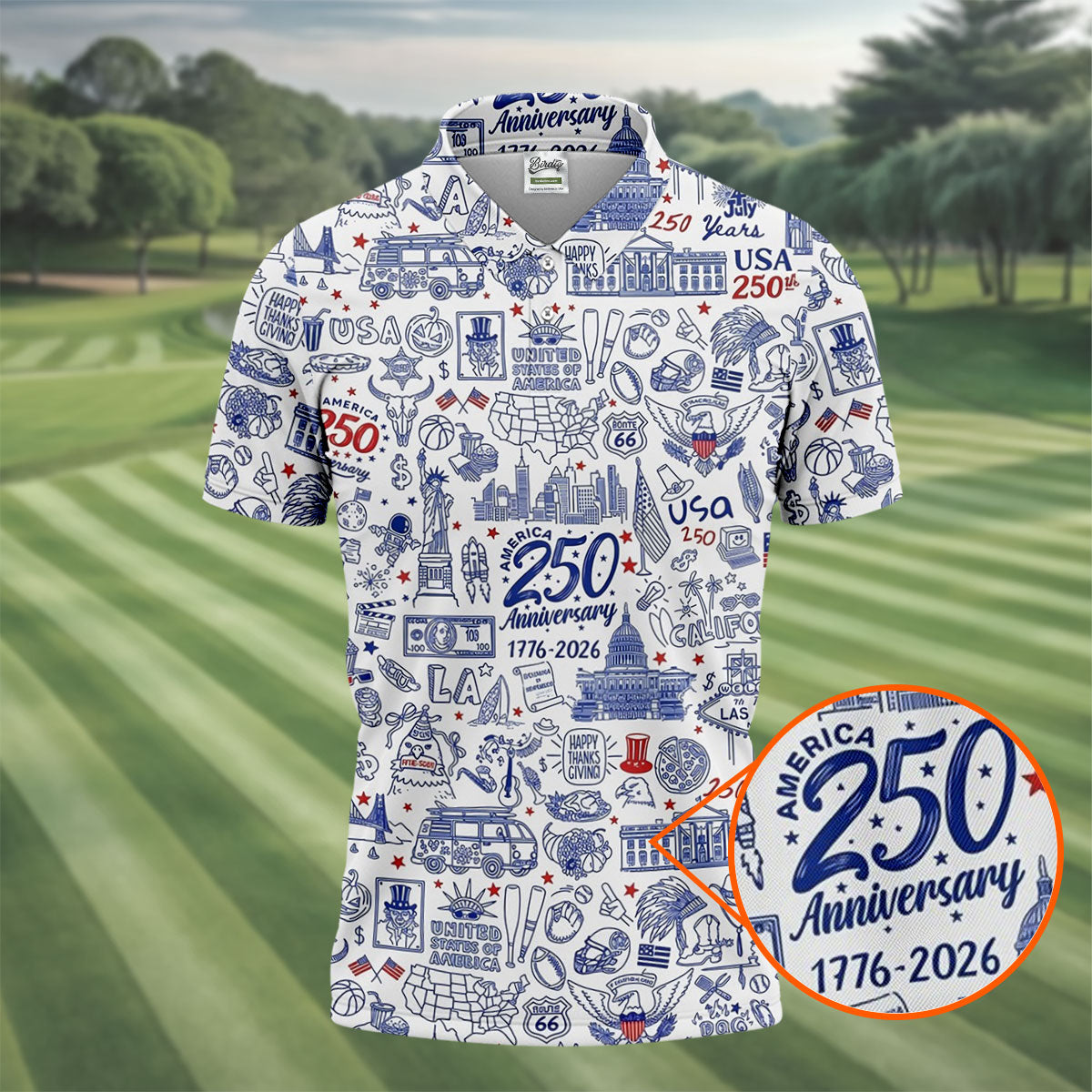 America 250 Anniversary US Symbols Doodle Pattern Patriotic Golf Shirt, 4th Of July Golf Shirts For Men