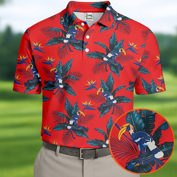 Tropical Toucan Bird Of Paradise Flower Hawaiian Golf Shirt, Summer Vibe Golf Shirts For Men