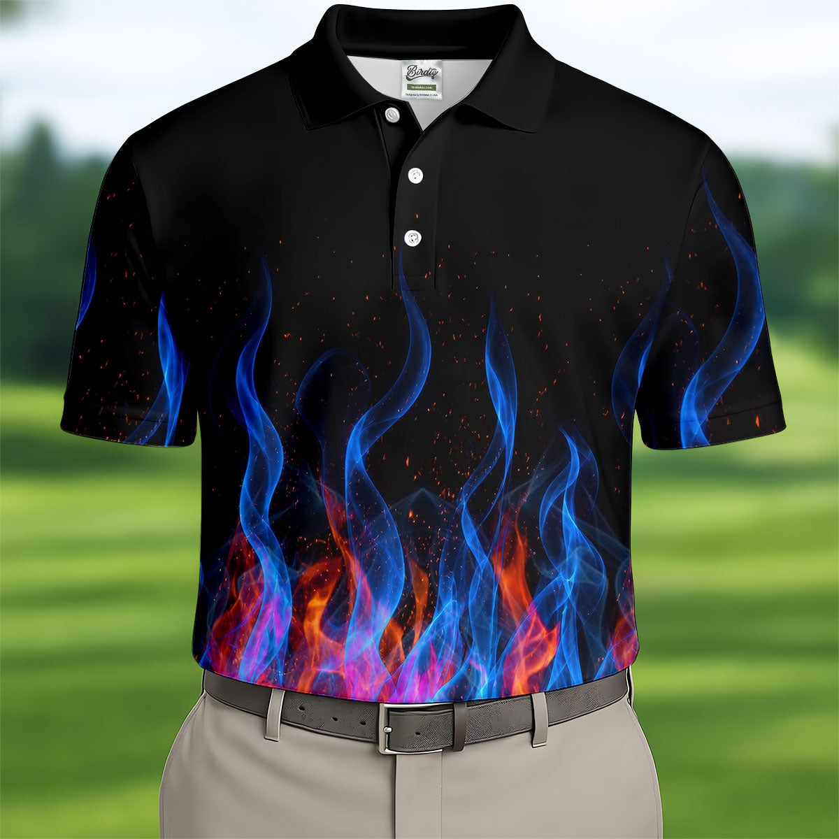Black Blue Flame Fire Pattern Golf Shirt, Men's Golf Shirt, Mens Polo Shirts, Printed Golf Shirts