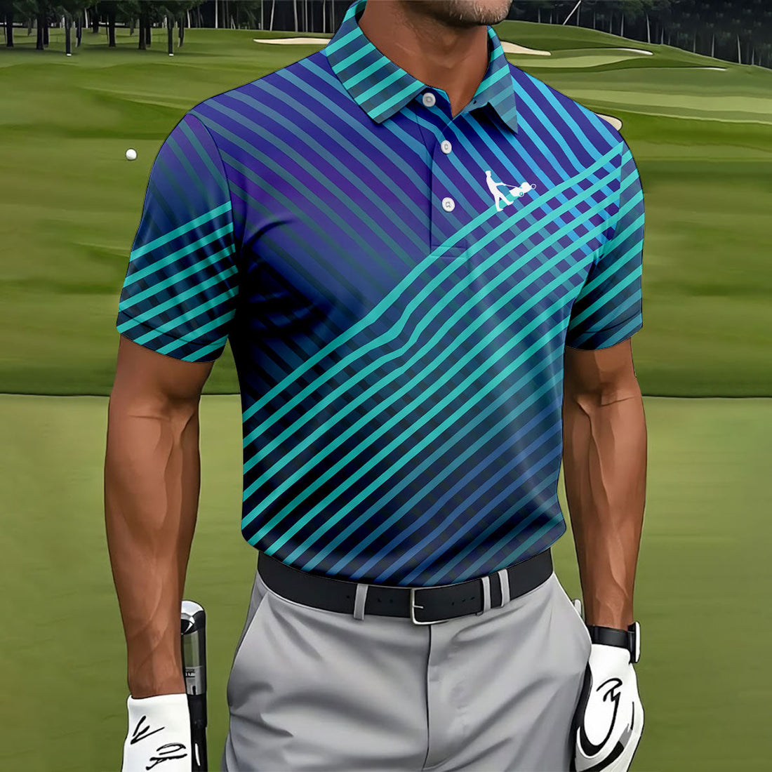 Teal And Purple Striped Pattern Golf Tops For Men, Performance Golf Shirt, Polo Shirt Men