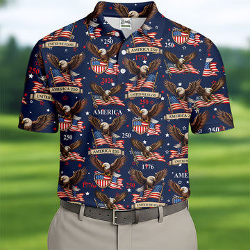 America 250 American Flag Badge 4th Of July Navy Golf Shirt, Patriotic Golf Shirt, Golf Shirts For Men