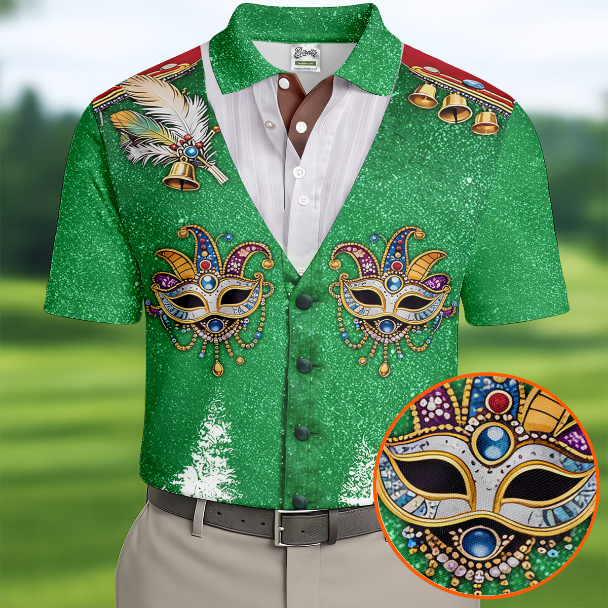 Masquerade Mask Feather Mardi Gras Glitter Print Green Golf Shirt, Polo ShirtFor Men, Golf Shirts For Men