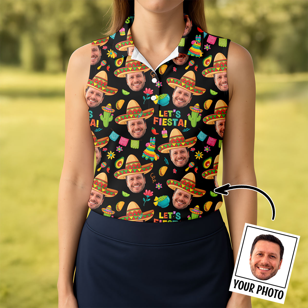 Let's Fiesta Cinco De Mayo Celebration Fiesta Themed Custom Face Black Golf Shirt For Women