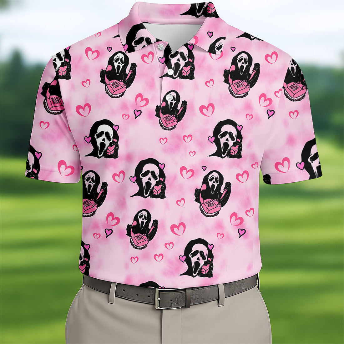 Pink Cute Ghost Caller Heart Pattern Halloween Golf Polo Shirt, Golf Apparel For Men