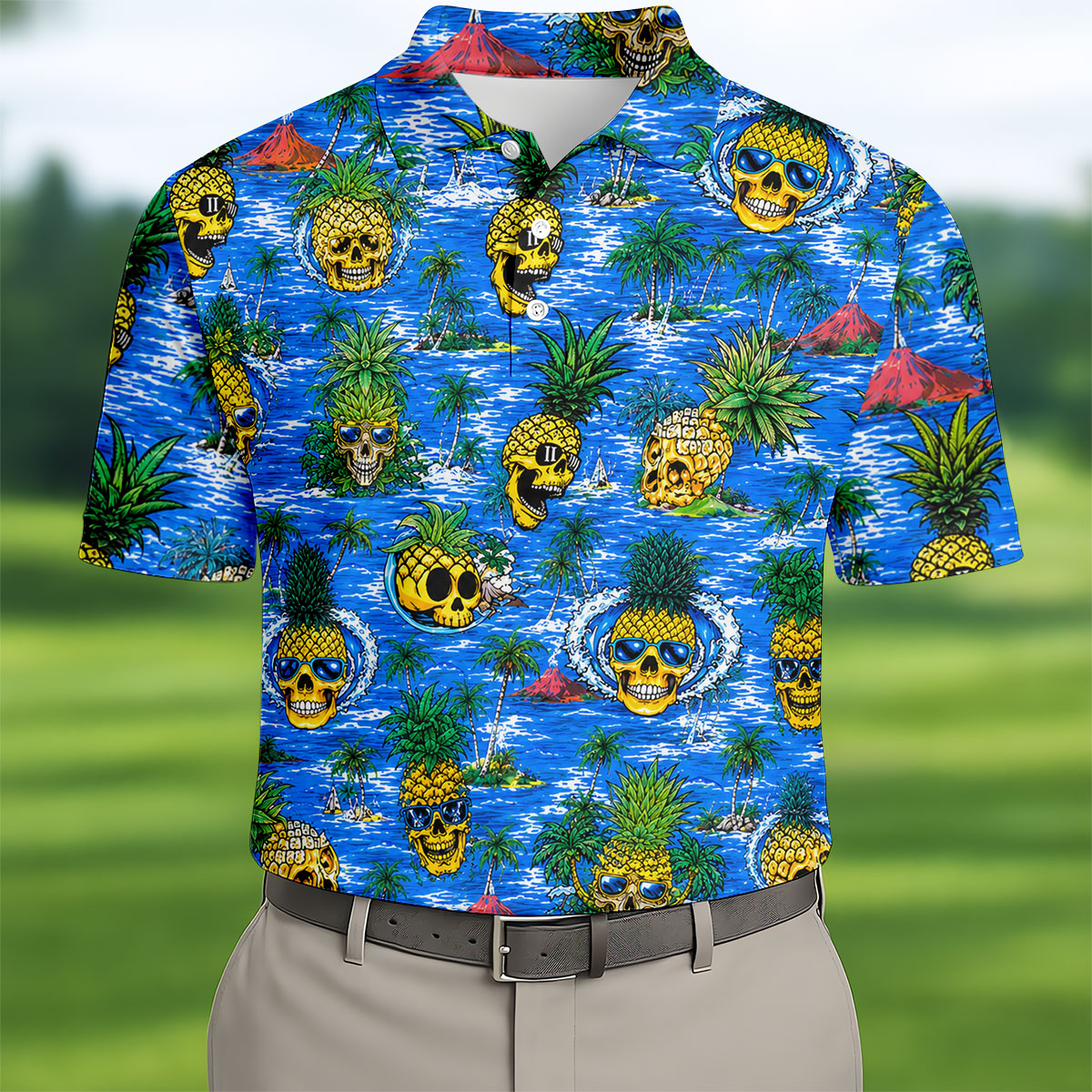 Pineapple Skull Golf Shirt, Tropical Island Volcano Pattern, Golf Shirt For Men