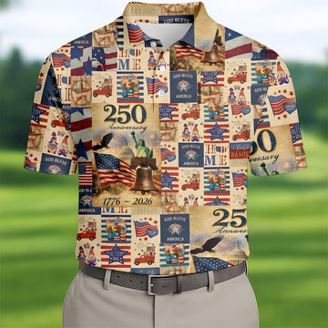 God Bless America Celebrating 250 Retro Golf Shirt, Patriotic 4th Of July Golf Shirts For Men