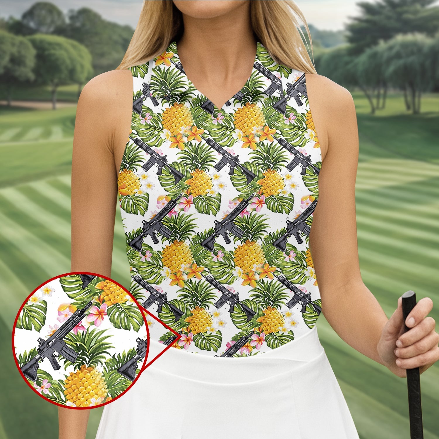 Tropical Pineapple Rifle Golf Shirt, Hawaiian Tactical Print, Women’s Golf Polo