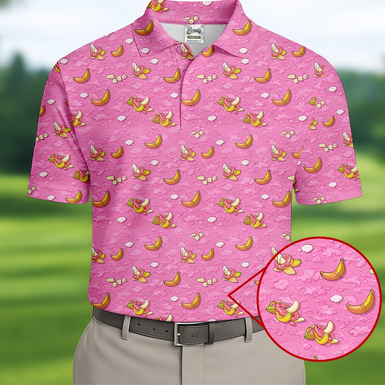 Banana And Donut Dirty Humor Pink Golf Shirt, Fun Golf Shirts For Men, Valentines Golf Gift, Golf Shirts For Men