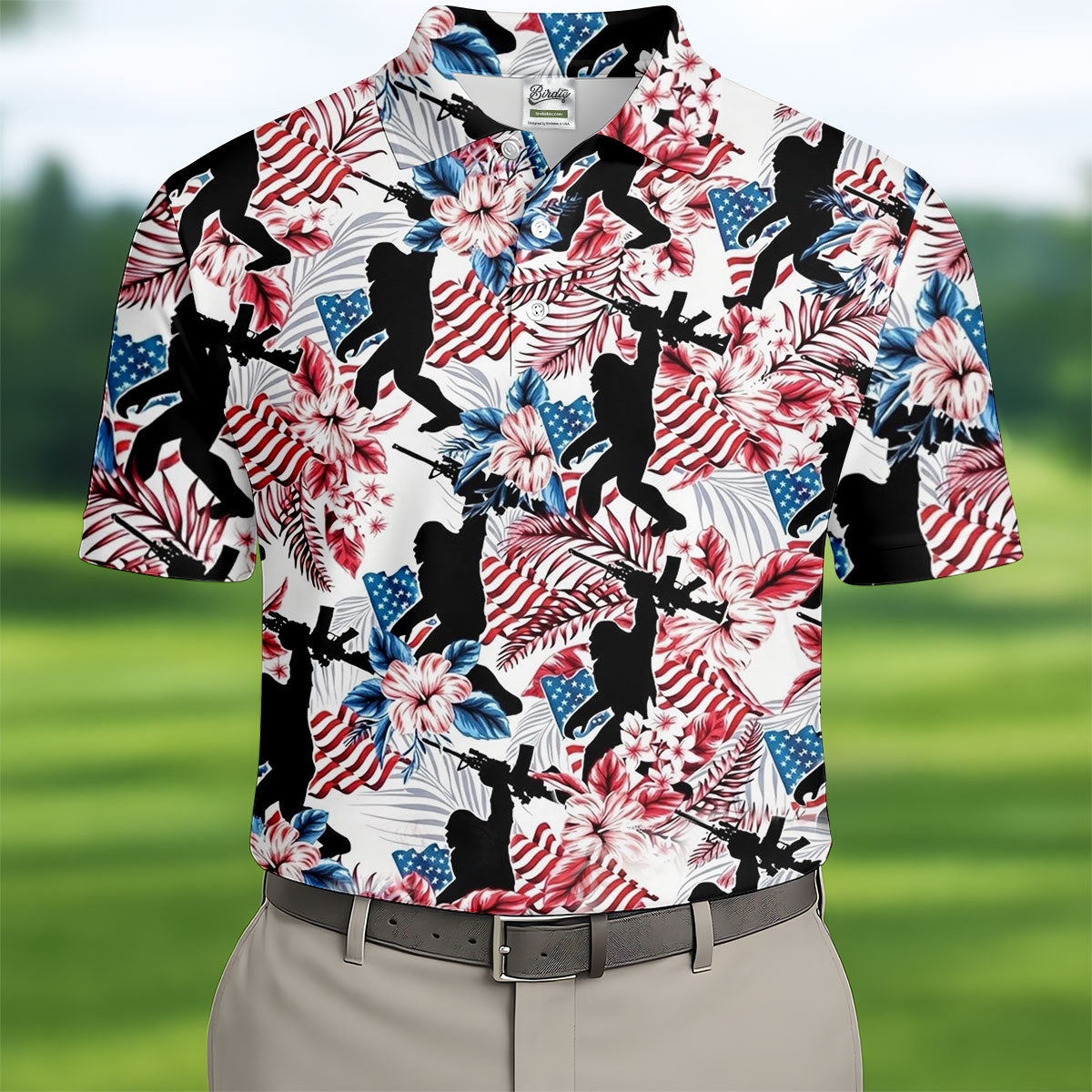 Hawaiian Bigfoot Patriotic 4th Of July American Flag Golf Shirt, 250th Anniversary Golf Shirts For Men