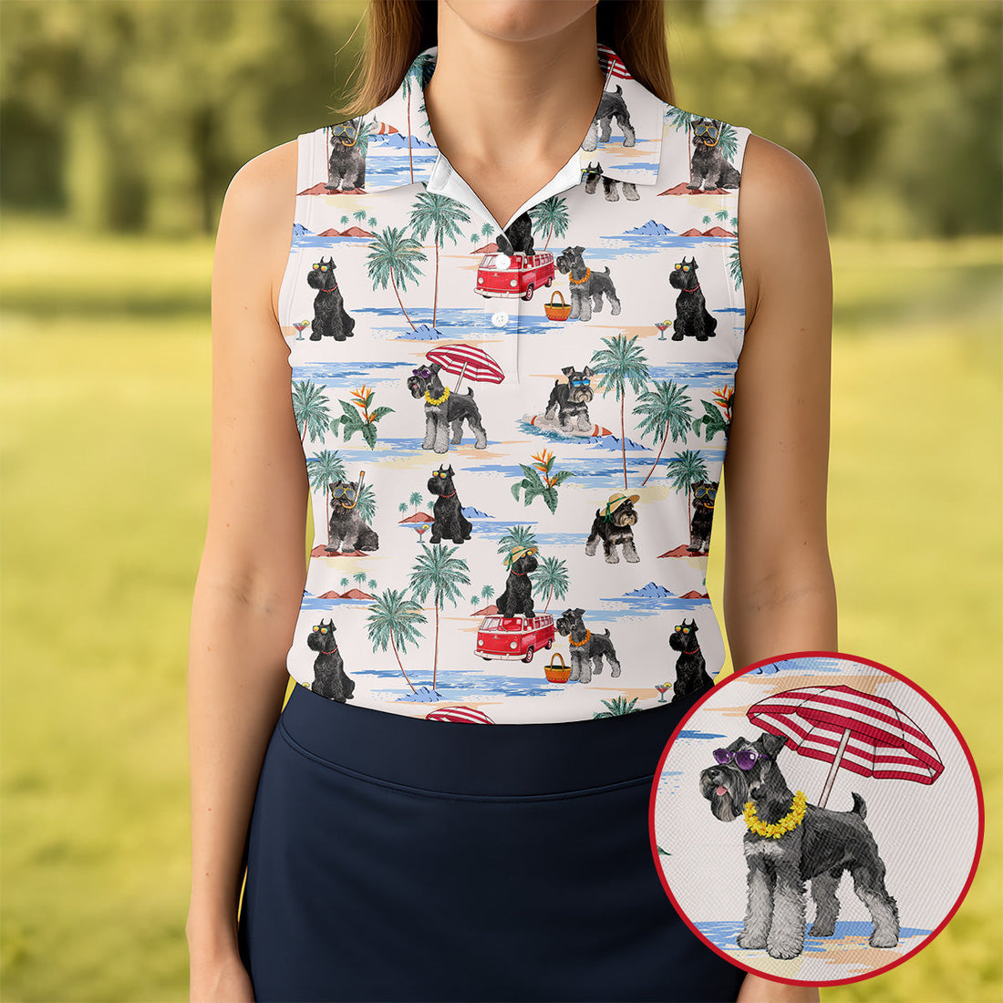 Schnauzer Beach Vacation Tropical Golf Polo Shirt, Golf Shirts For Women, Women’s Golf Apparel