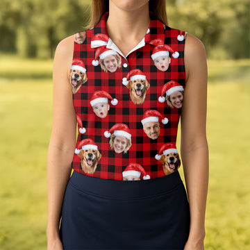 Custom Face Black And Red Checkered Christmas Golf Shirt, Ladies Golf Tops, Golf Gifts For Women