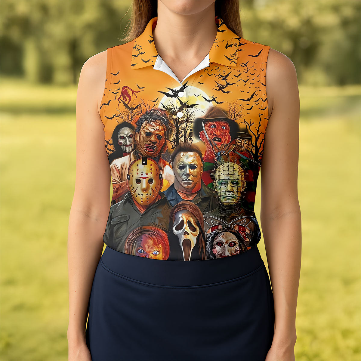 Halloween Horror Character Sunset Hawaiian Golf Shirt, Women's Golf Tops, Printed Golf Shirt