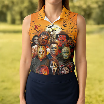 Halloween Horror Character Sunset Hawaiian Golf Shirt, Women's Golf Tops, Printed Golf Shirt