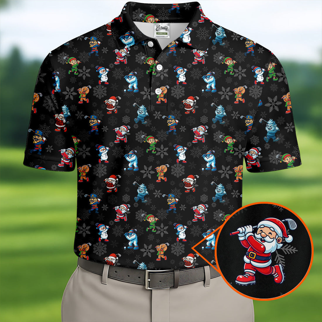 Funny Christmas Characters Golf Pose Black Golf Shirt, Christmas Golf Shirt, Polo ShirtFor Men