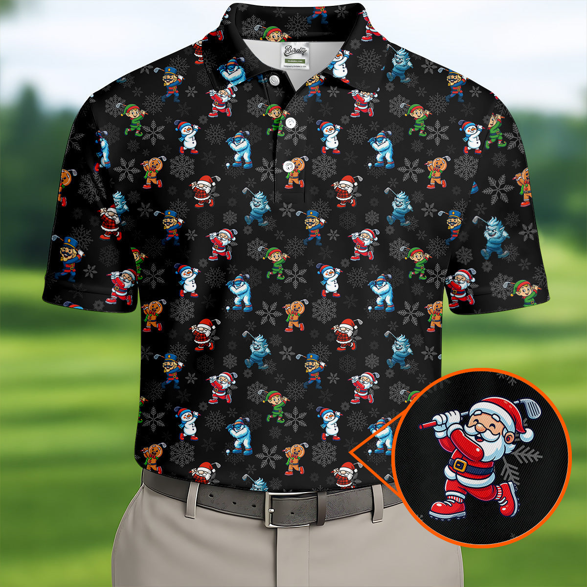 Funny Christmas Characters Golf Pose Black Golf Shirt, Christmas Golf Shirt, Polo ShirtFor Men