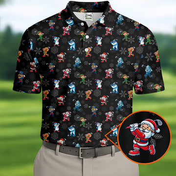 Funny Christmas Characters Golf Pose Black Golf Shirt, Christmas Golf Shirt, Polo ShirtFor Men