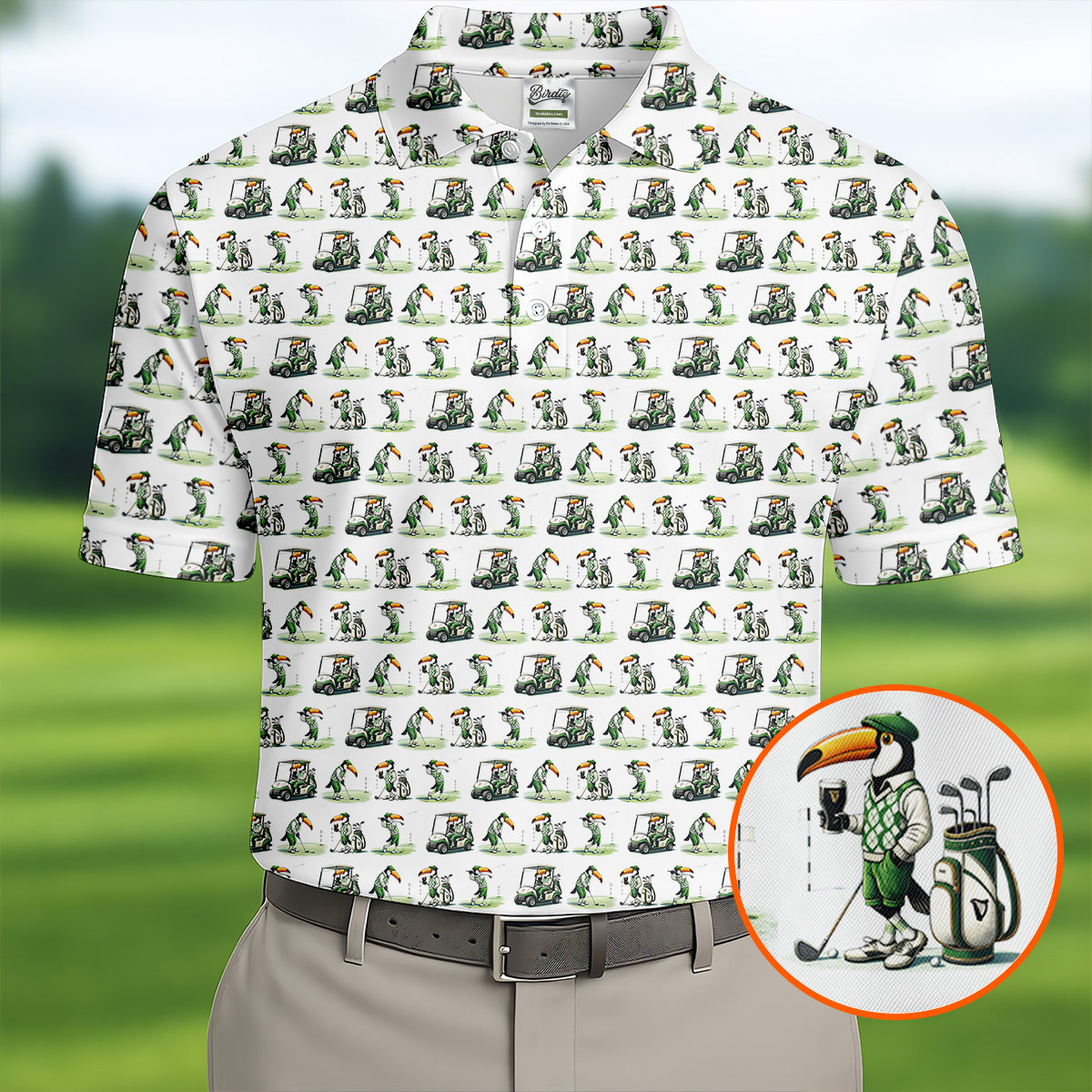 Funny Toucan Golf Pose White And Green Golf Tops For Men, Polo ShirtFor Men, Golf Shirts For Men