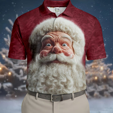 Santa Claus Face Funny Holiday Vintage Print Men's Golf Polo Shirtristmas Golf Shirt, Golf Gift For Men