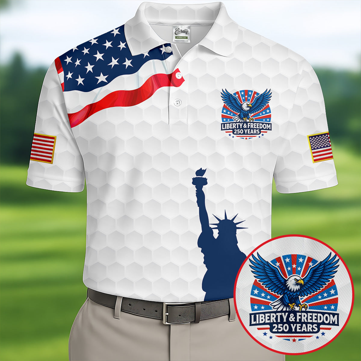 Liberty And Freedom 250 Years Golf Ball Pattern Patriotic Golf Shirt, 4th Of July Polo Shirtor Men