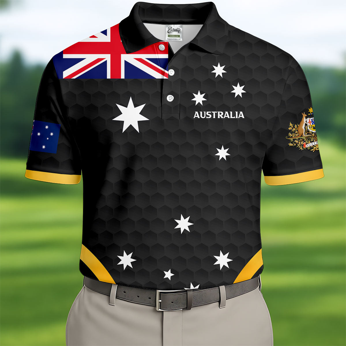 Australia Flag Print Golf Ball Pattern Black Golf Shirt, Australian Symbol Polo ShirtFor Men