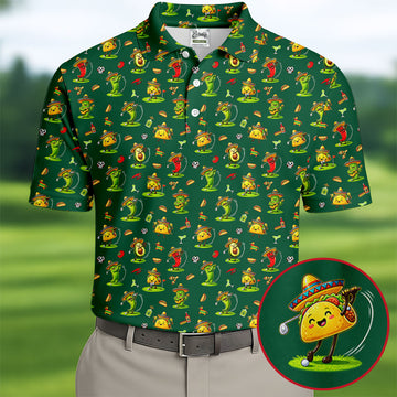 Mexican Cartoon Food Characters Cinco De Mayo Celebration Fiesta Themed Green Golf Shirts For Men