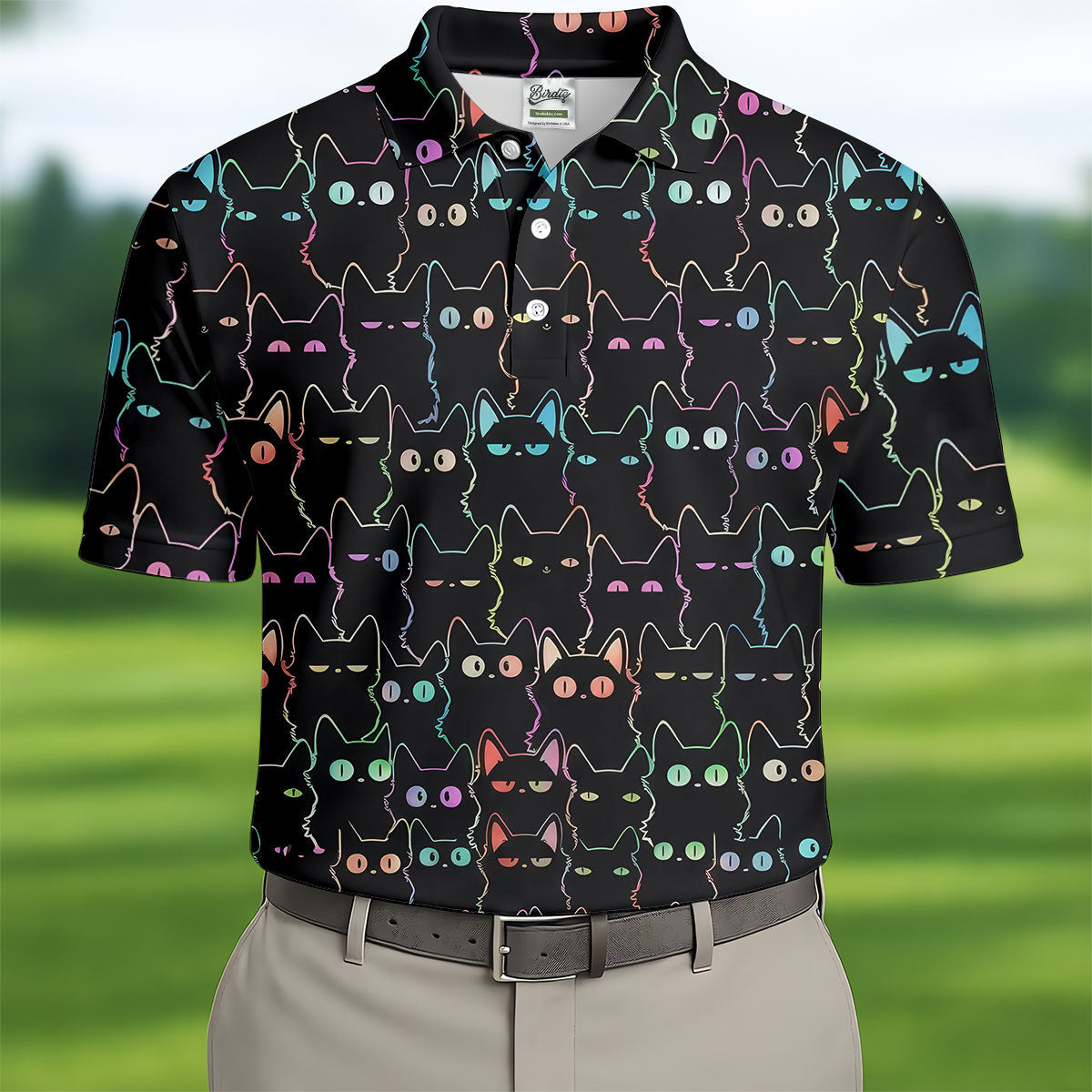 Neon Cat Funny Golf Shirt, Cute Golf Outfit, Polo ShirtFor Men, Golf Shirts For Men, Golf Gift For Men