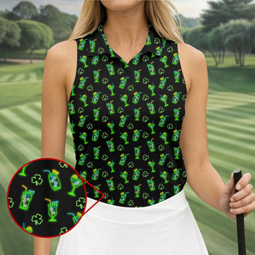 Neon Green Cocktails Three Leaf Clover St Patrick's Day Golf Shirt, Women's Golf Tops, Ladies Golf Shirts