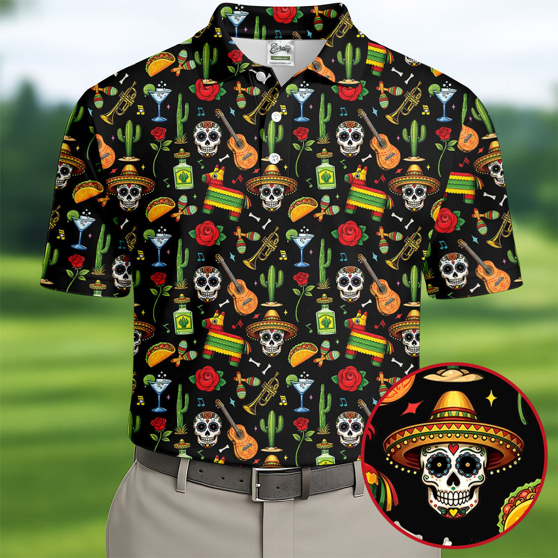 Decorated Skulls Party Items Cinco De Mayo Celebration Fiesta Themed Black Golf Shirts For Men