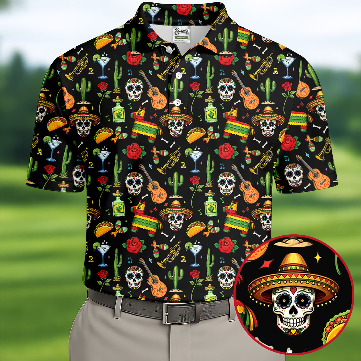 Decorated Skulls Party Items Cinco De Mayo Celebration Fiesta Themed Black Golf Shirts For Men