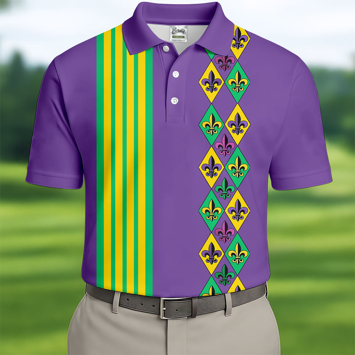 Fleur De Lis Argyle Pattern Purple Green Gold Stripes Golf Tops For Men, Polo ShirtFor Men, Golf Shirts For Men
