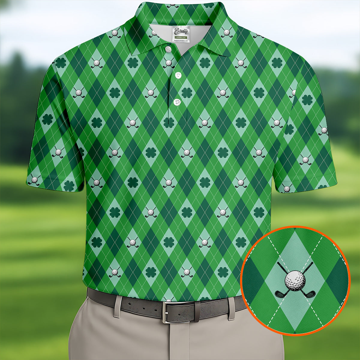 Lucky Four Leaf Clover Golf Ball Pattern Argyle Pattern St Patrick's Day Golf Shirt, Polo ShirtFor Men
