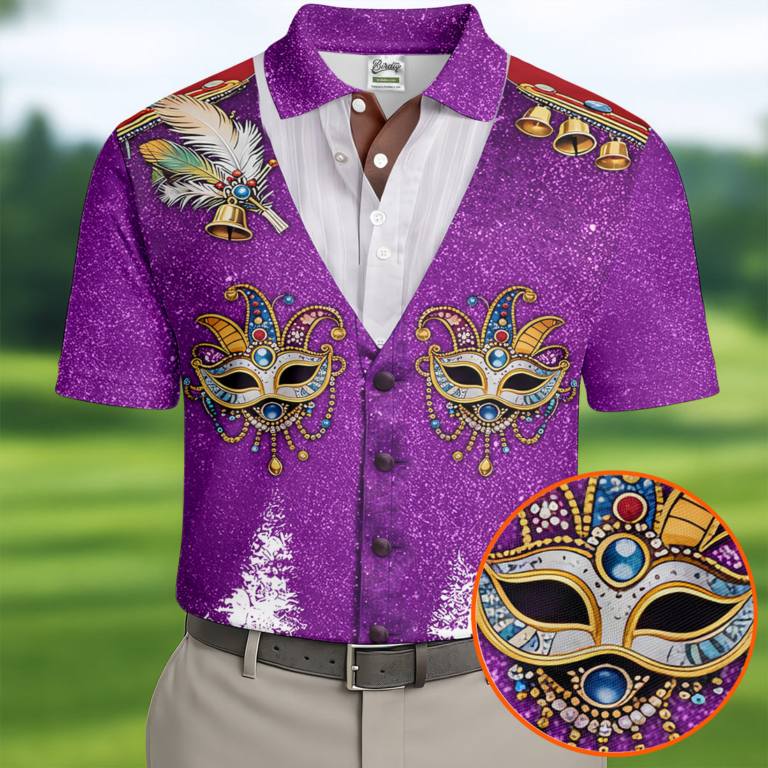 Masquerade Mask Feather Mardi Gras Glitter Print Purple Golf Shirt, Polo ShirtFor Men, Golf Shirts For Men