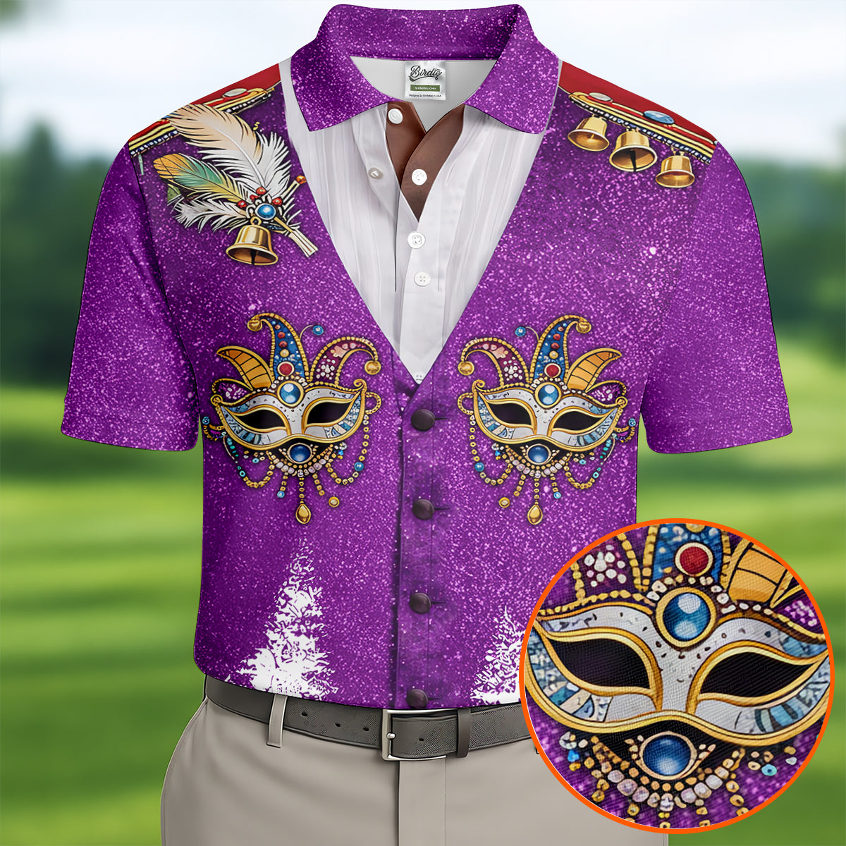 Masquerade Mask Feather Mardi Gras Glitter Print Purple Golf Shirt, Polo ShirtFor Men, Golf Shirts For Men