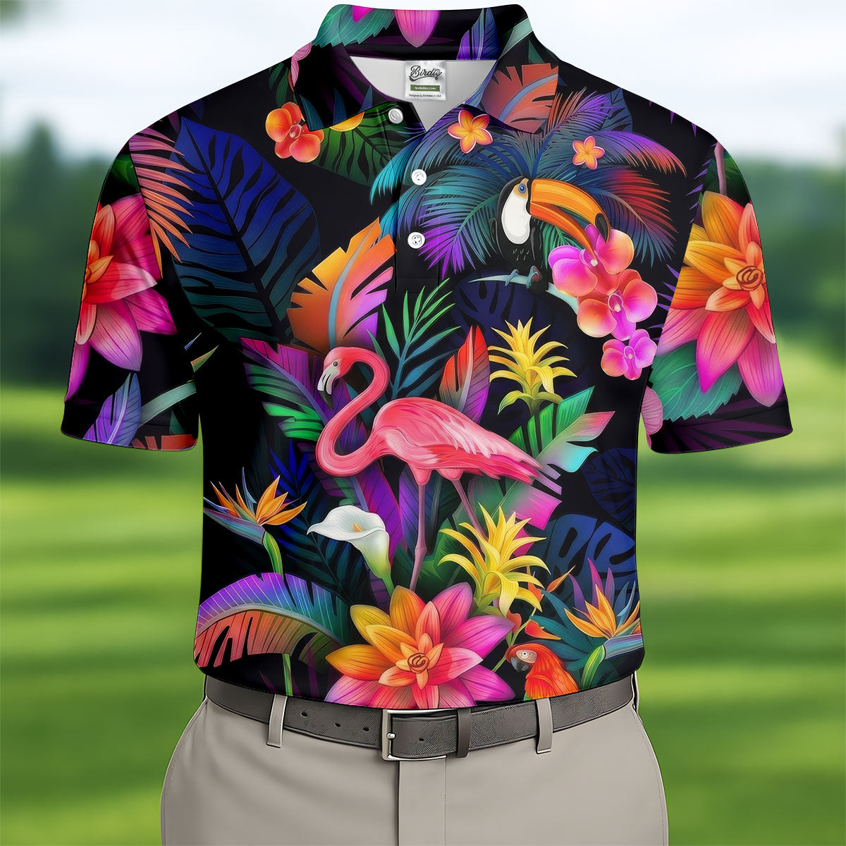 Colorful Tropical Birds And Flamingo Golf Shirt, Mens Golf Polo, Printed Golf Shirts