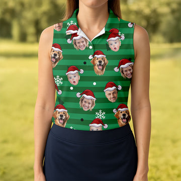 Custom Face Green Stripe Christmas Golf Shirt, Women's Golf Tops, Ladies Golf Shirts, Christmas Golf Gift