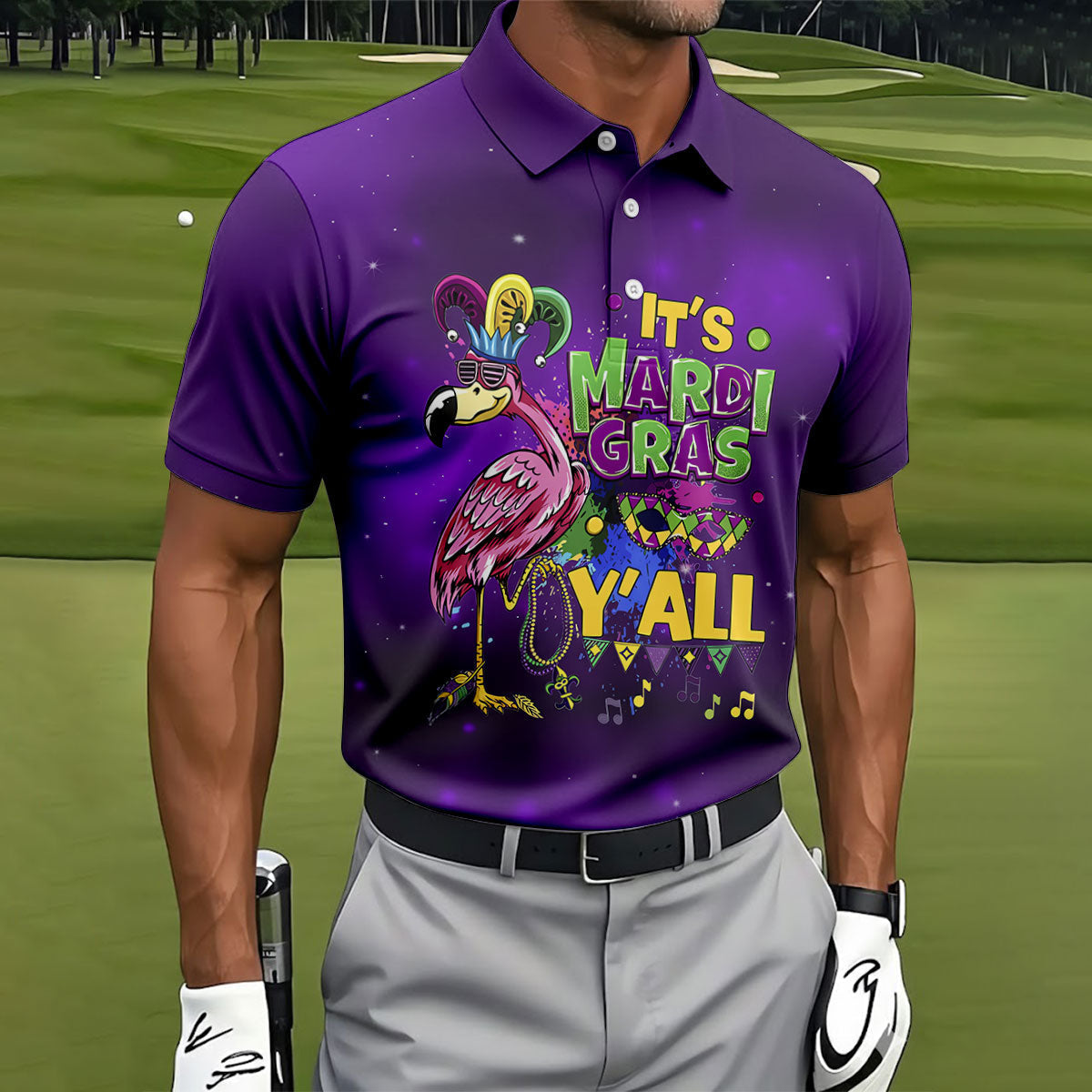 It's Mardi Gras Y'All Funny Flamingo Purple Golf Shirt, Polo ShirtFor Men, Golf Shirts For Men