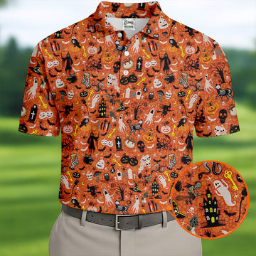 Halloween Skull Witch Cat Orange Golf Shirt, Funny Halloween Polo ShirtFor Men, Golf Gift For Men
