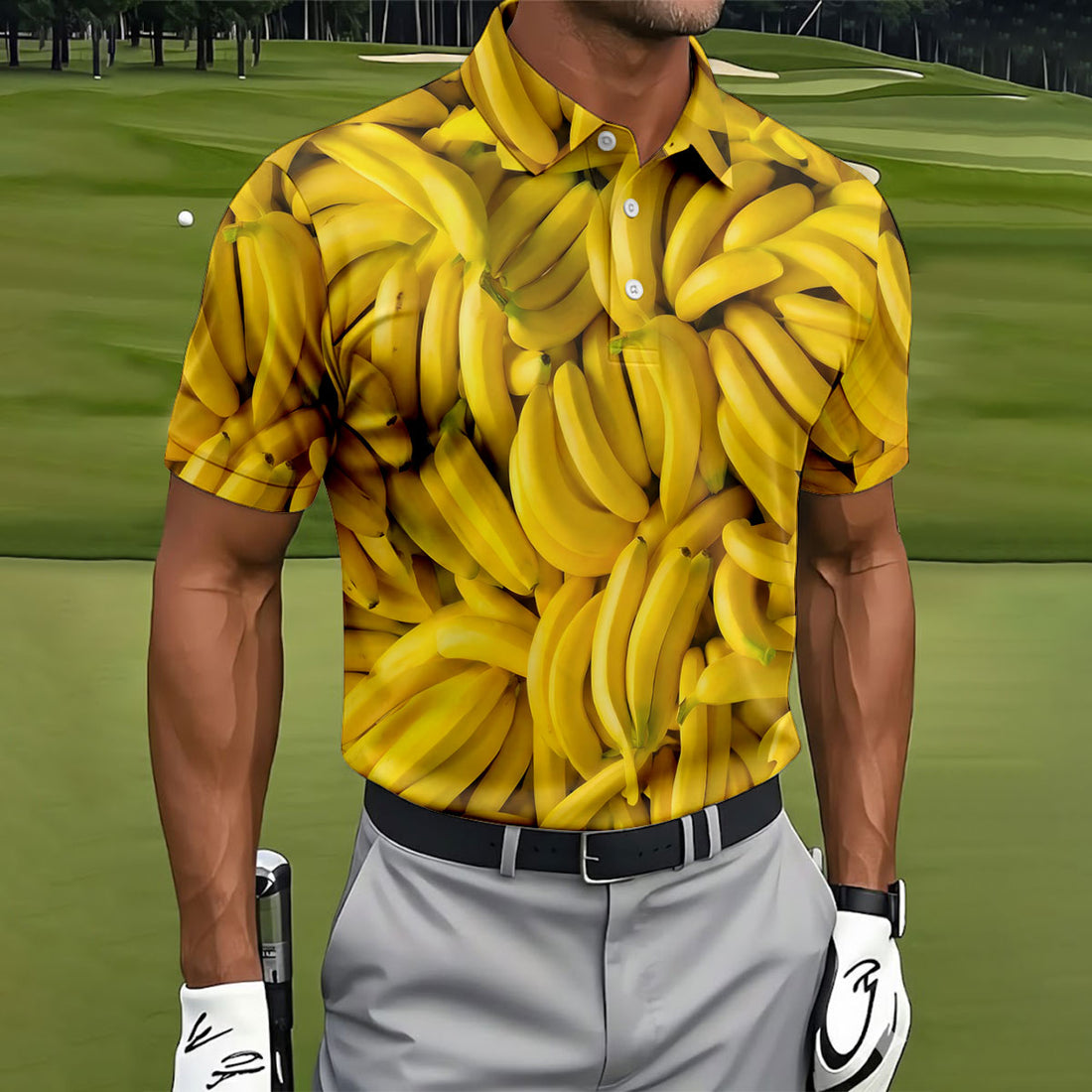 Realistic Banana Print Hawaiian Golf Shirt, Polo Shirts For Men, Mens Golf Apparel