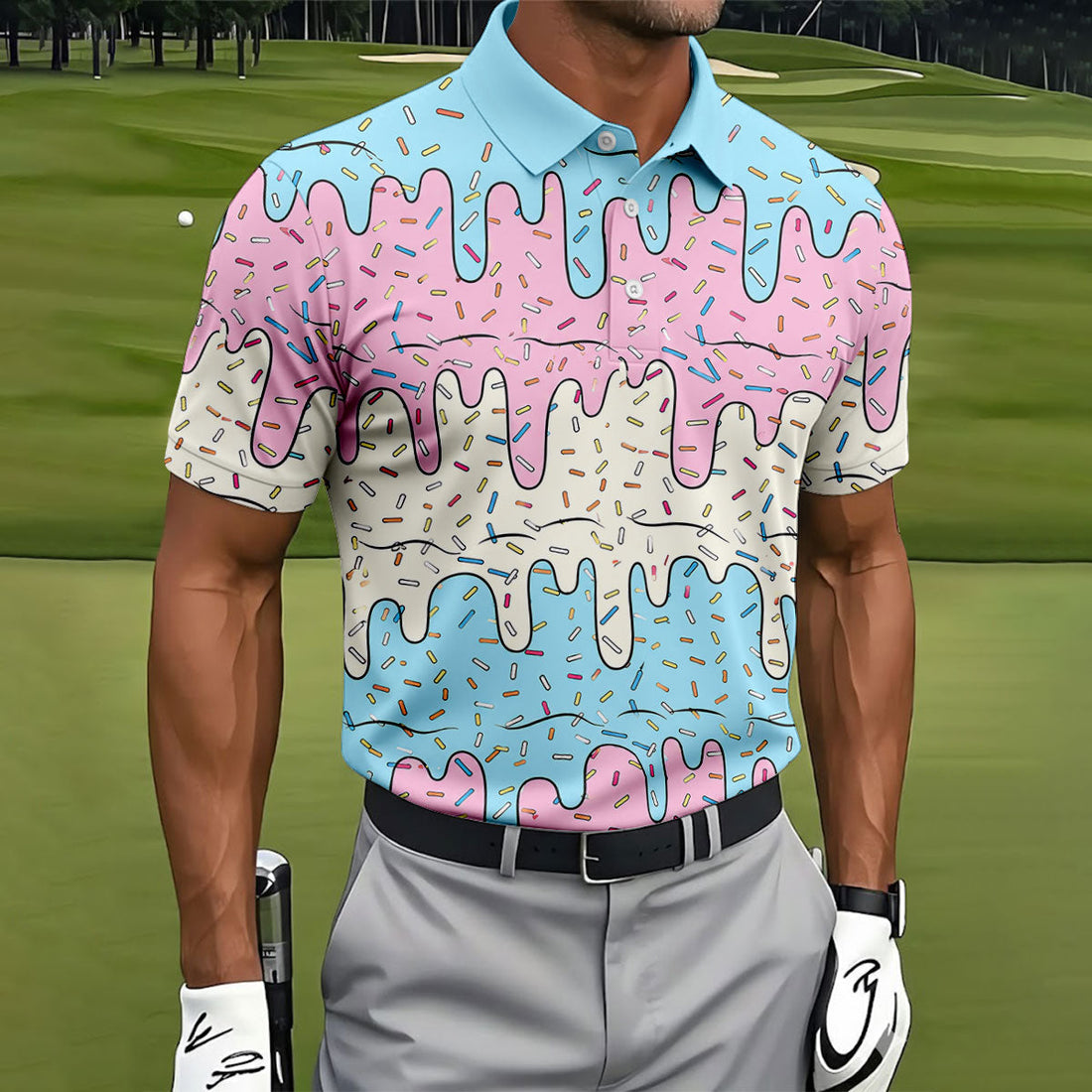 Ice Cream Drip Hawaiian Golf Shirt, Summer Sweets Men's Golf Shirt, Polo Shirts For Men