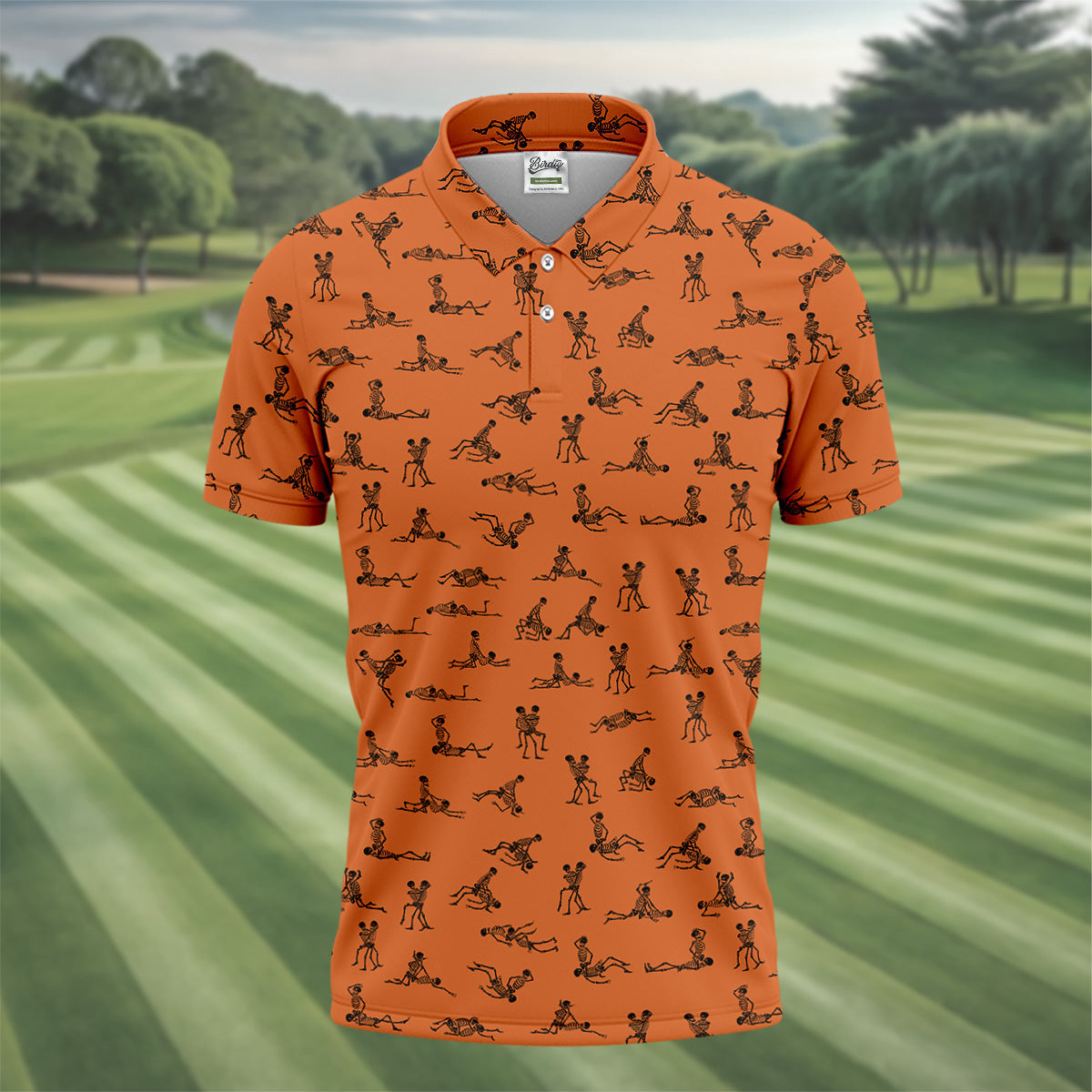 Orange And White Funny Skeleton Golf Shirt, Halloween Gift Idea, Fun Golf Shirts For Men, Polo For Men