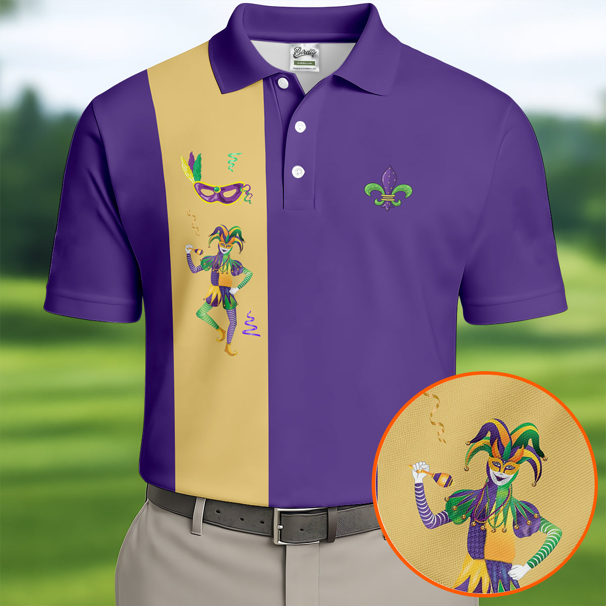 Mardi Gras Festival Jester Figure Fleur De Lis Symbol Purple Golf Shirt, Polo ShirtFor Men, Golf Shirts For Men