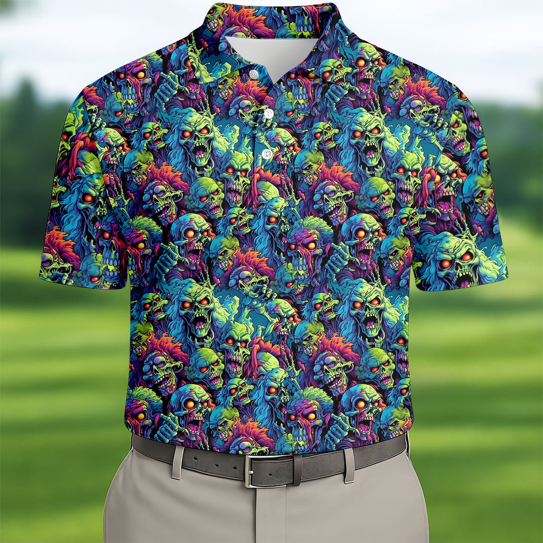 Colorful Zombie Head Pattern Halloween Golf Polo Shirt, Mens Golf Polo, Golf Shirts For Men