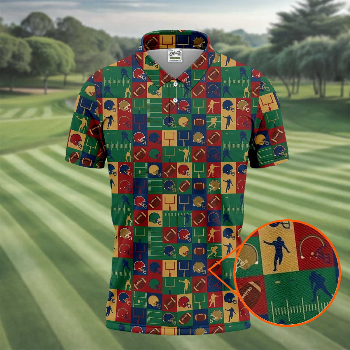 Football Pattern Square Grid Sport Polo, American Football Shirt, Game Day Football Theme Polo For Men