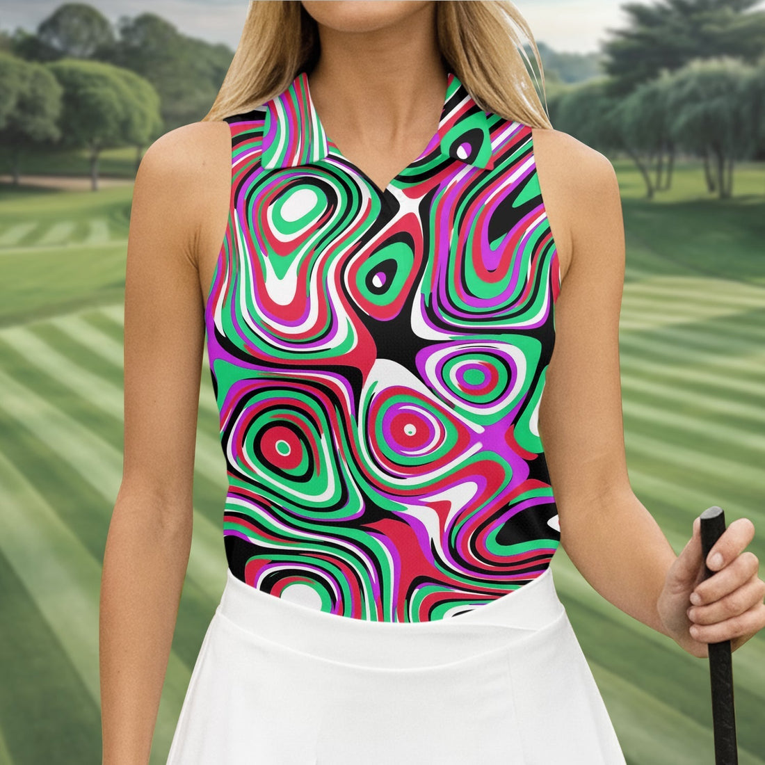 Pink And Green Fluid Art Cool Golf Shirt, Women's Golf Tops, Ladies Golf Shirts, Women's Polo Shirt