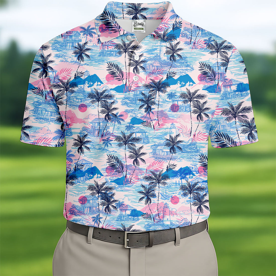 Tropical Island Sunset Pink And Blue Hawaiian Golf Shirt, Polo Shirtor Men, Golfing Apparel