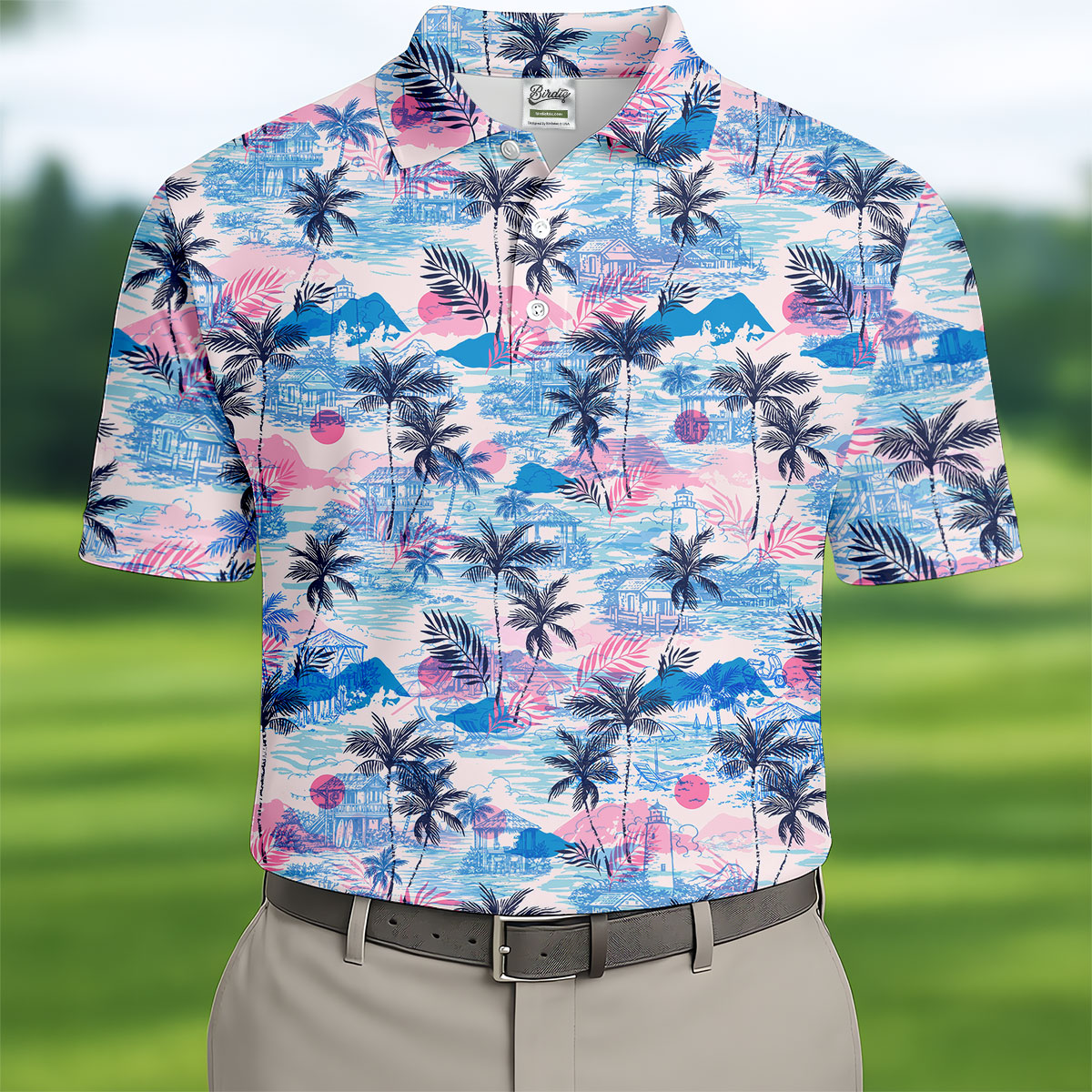 Tropical Island Sunset Pink And Blue Hawaiian Golf Shirt, Polo Shirtor Men, Golfing Apparel