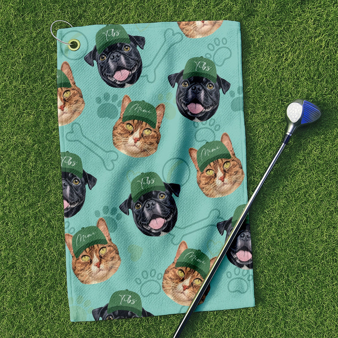 Pet Dog and Cat Face Golf Towel with Green Caps, Funny Golf Towel, Golf Accessories Gift