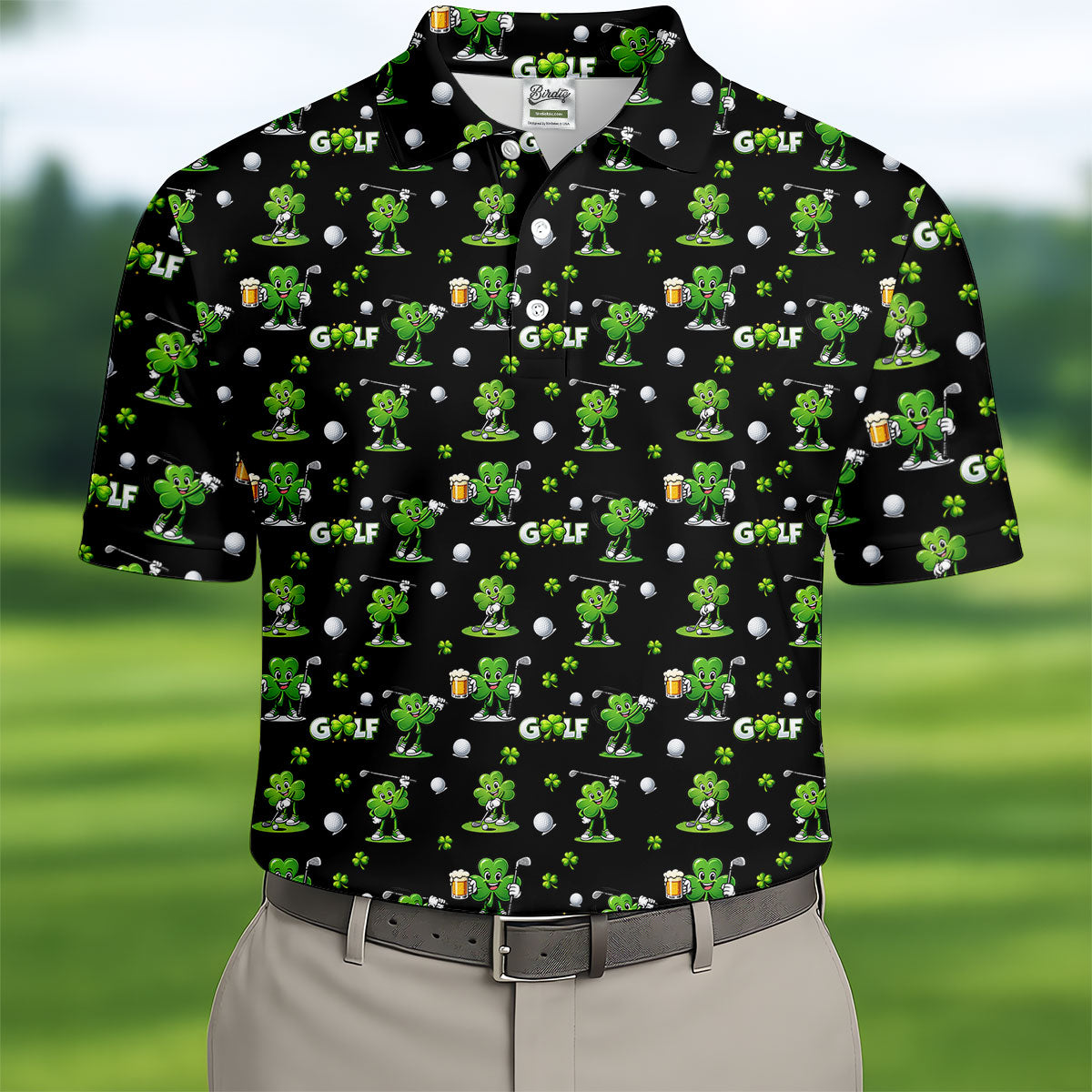 Three Leaf Clover Golf And Beer St Patrick's Day Black Golf Shirt, Fun Golf Shirts For Men, Polo ShirtFor Men
