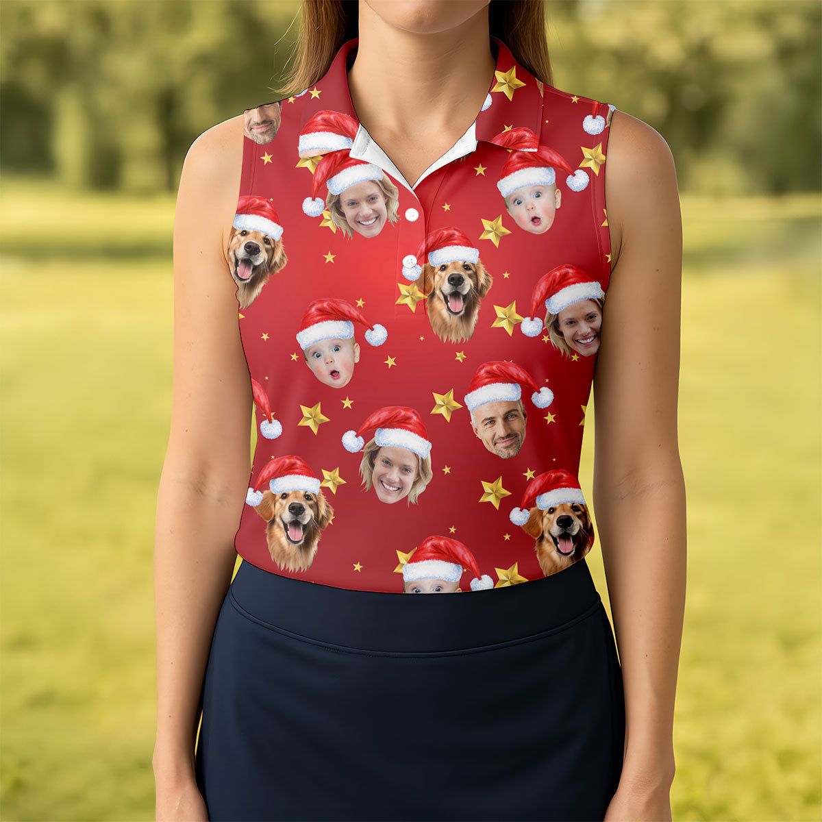 Custom Face Xmas Star Red Golf Shirt, Christmas Golf Shirt, Ladies Golf Tops, Golf Gifts For Women